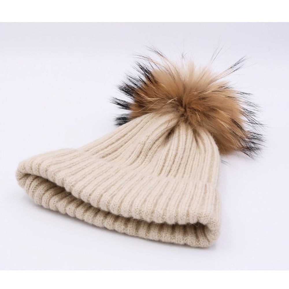 David and Young Cream Ribbed Beanie with fur pom pom